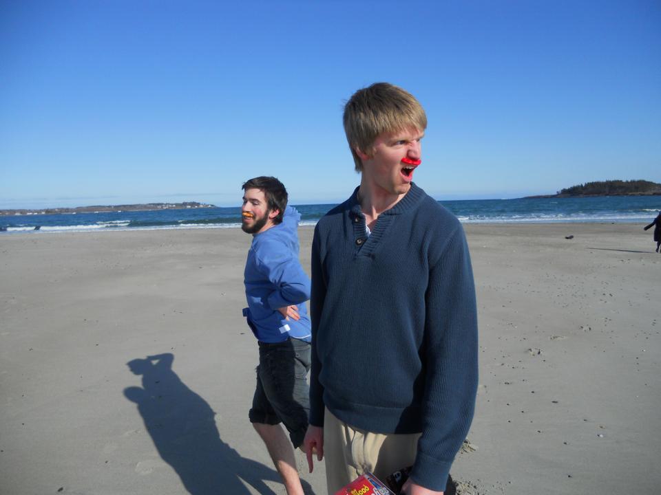 John Ausick ‘13 performs a dance alongside Allan Bradley ‘11 on a private beach in Cape Elizabeth, Maine. Sporting their Portsmouth mood-staches (orange = happy, red =angry), John and Allan enjoy a day trip to the Atlantic coast.