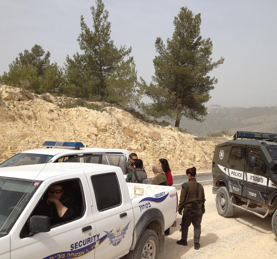 Palestine Trek organizer Diana Buttu and activist Shireen Al-Araj speak with Israeli police before a group of Harvard students were detained while on the student-organized trip.