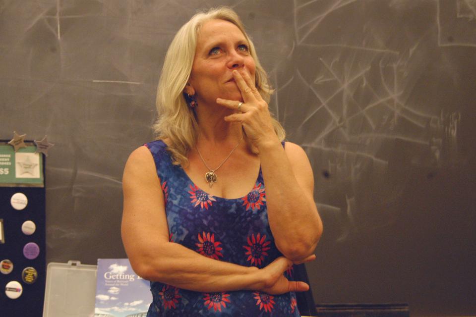 Speaker Robyn Ochs contemplates a question about sexuality. Ochs led a talk about feminism and sexuality in Boylston on Friday.   