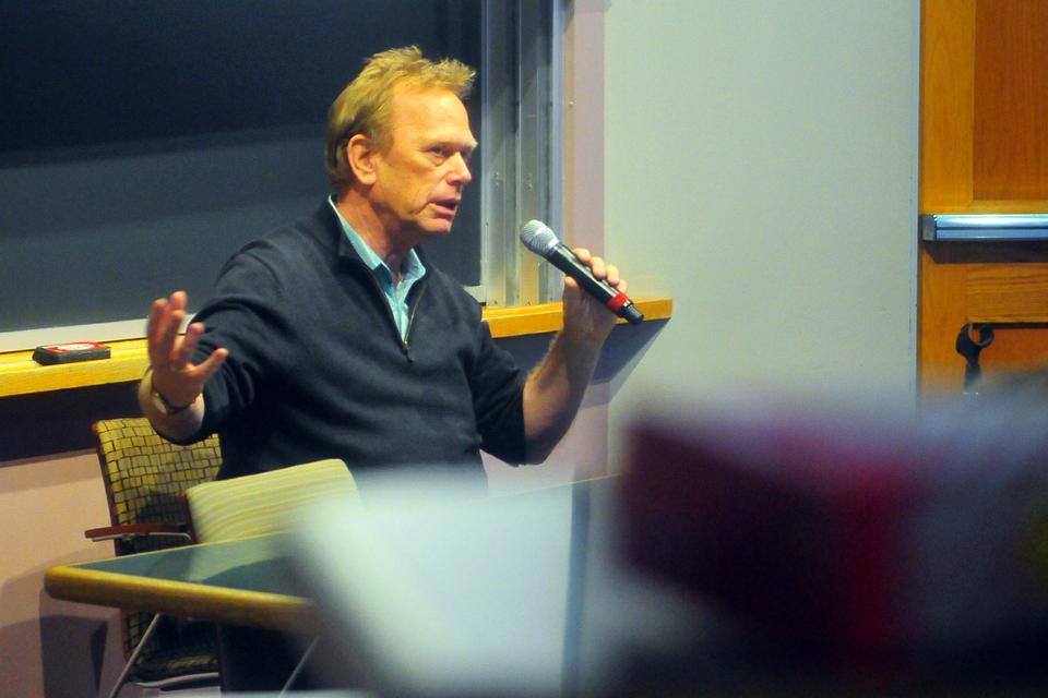 Before screening the environmental film "A Fierce Green Fire: The Battle for a Green Planet," director Mark Skitchell makes a brief introduction to the motives and content of the documentary. The event took place in the Belfer Center at the Harvard Kennedy School. 