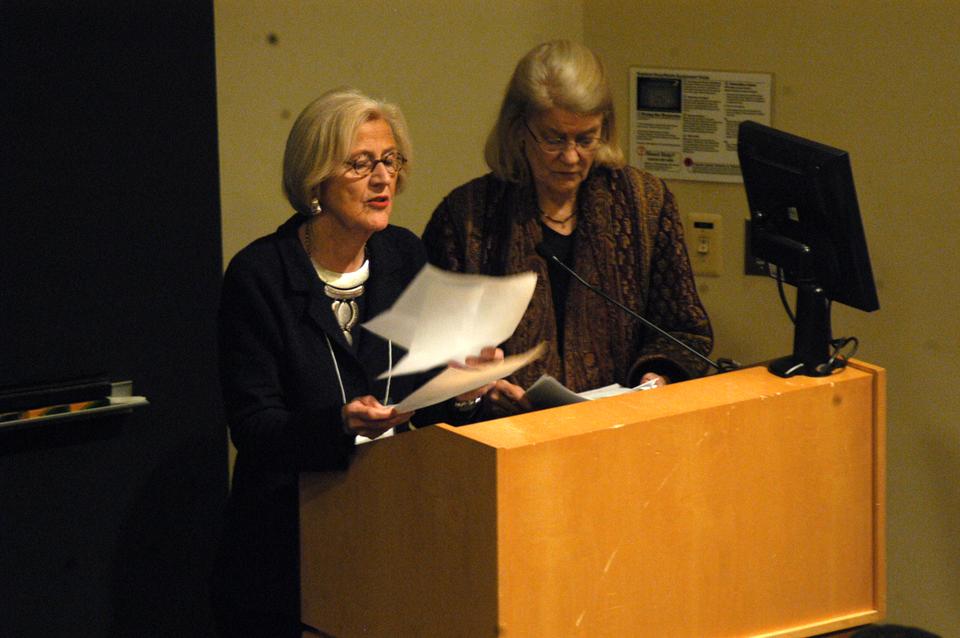 At the Grand Opening of The Office of BGLTQ Student Life, Professors Dorothy Austin and Diana Eck, Co-House Masters of Lowell House, read letters from a past gay Harvard student who was expelled for his sexual identity.