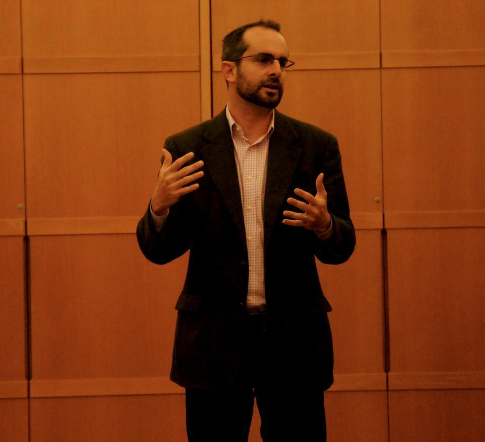 Jay Michaelson, author of “God vs. Gay? The Religious Case for Equality,” speaks at Harvard Hillel on Thursday. Michaelson spoke of the ways in which religious values interact with acceptance of LGBT people.