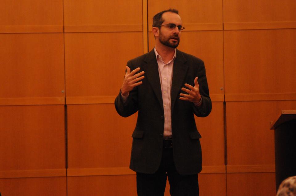 Jay Michaelson, author of “God vs. Gay? The Religious Case for Equality,” speaks at Harvard Hillel on Thursday. Michaelson spoke of the ways in which religious values interact with acceptance of LGBTQ people.