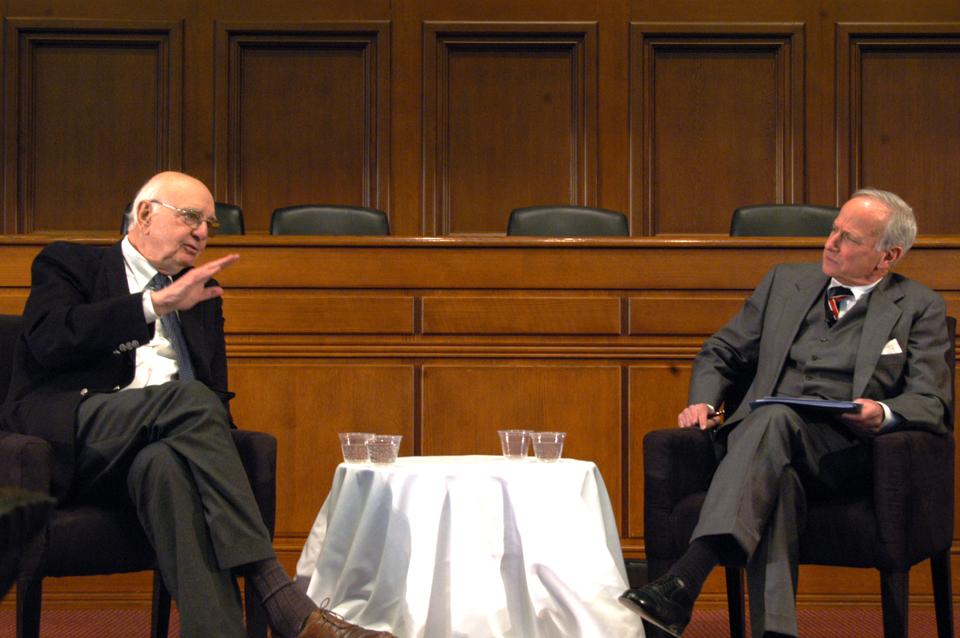 Professor Malcolm S. Salter, James J. Hill Professor of Business Science, discusses financial reform legislation and the banking system crash with Paul Volcker, the former Chairman of the Federal Reserve under Presidents Jimmy Carter and Ronald Reagan, as well as the Chairman of the Economic Recovery Advisory Board under President Barack Obama.  The two spoke about the Dodd-Frank Wall Street Reform, as well as the specific provision dubbed the "Volcker Rule", which restricts U.S. banks from making speculative investments.