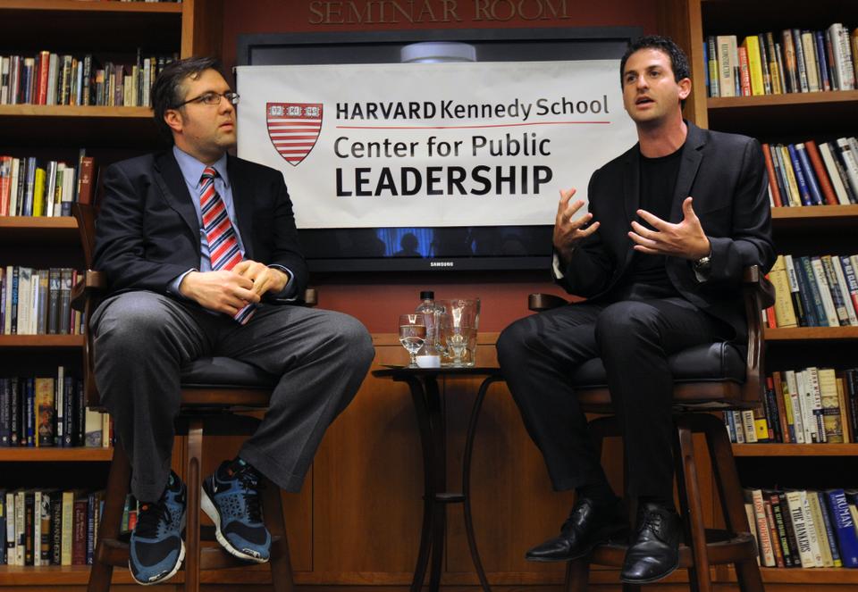 As a part of the Leadership and Internet Series at the Center for Public Leadership, Jared Cohen (right), the director of Google Ideas as well as the former advisor to Hillary Clinton and Condoleezza Rice talks with Nicco Mele, an adjunct lecturer in public policy, about 21st century statecraft. 