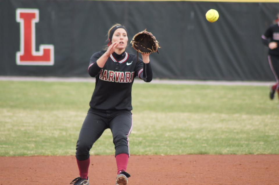 Rookie second baseman Katherine Lantz attempts to turn two during the Harvard softball team’s matchup with Penn Sunday afternoon at Soldiers Field. Lantz went 3-for-6 on the day as the Crimson swept its doubleheader against the Quakers.