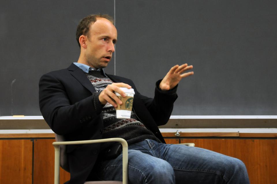 Monday evening Chad Harbach '97 discusses his recent novel, The Art of Fielding, at an event sponsored by the Mahindra Humanities Center Undergraduate Committee.  Harbach answered questions from student interviewers Madeleine Schwartz '12 and Mark Chiusano '12 about writing, baseball, and his experience at Harvard.  