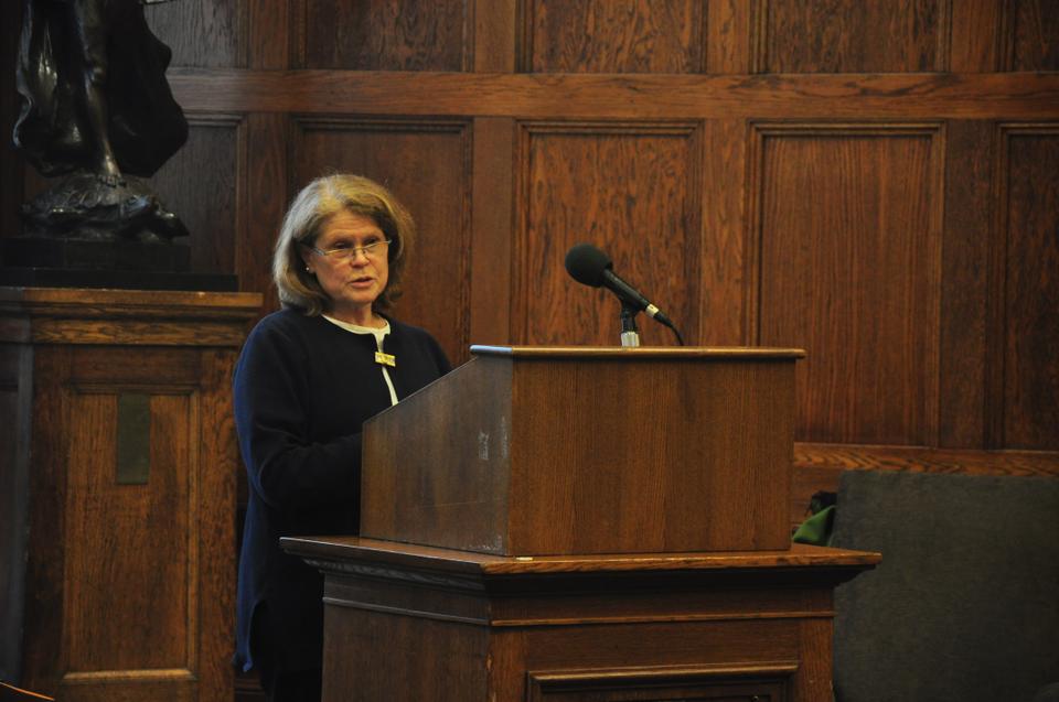 Janet Katz, a senior research librarian at the Harvard Law School Library, speaks about the recent cost-cutting measures at Harvard libraries. She was one of the speakers at the Harvard Forum on the Future of Libraries on Tuesday.