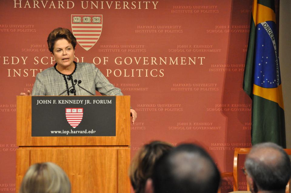 Brazilian President Dilma Rousseff delivers a public address at the John F. Kennedy, Jr. Forum at the Institute of Politics.