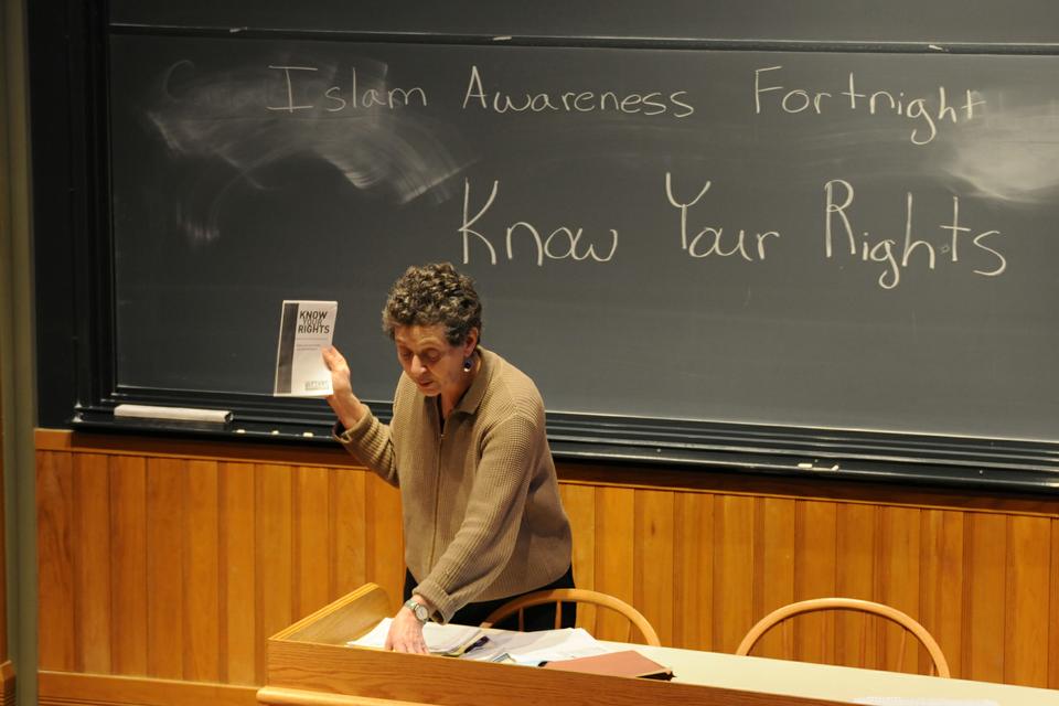 As part of Islam Awareness Fortnight, Sarah Wunsch, an attorney for the American Civil Liberties Union, speaks about minority rights and racial profiling at a panel titled "Know Your Rights," which also featured Larry Ellison, President of the Massachusetts Association of Minority Law Enforcement Officers.