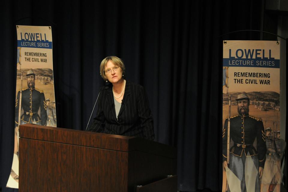 President Drew G. Faust delivered the lecture "Remembering the Civil War" to a packed auditorium at the Boston Public Library, discussing the changing narratives and interpretations of the Civil War during its sesquicentennial and the broader implications of studying and depicting war.
