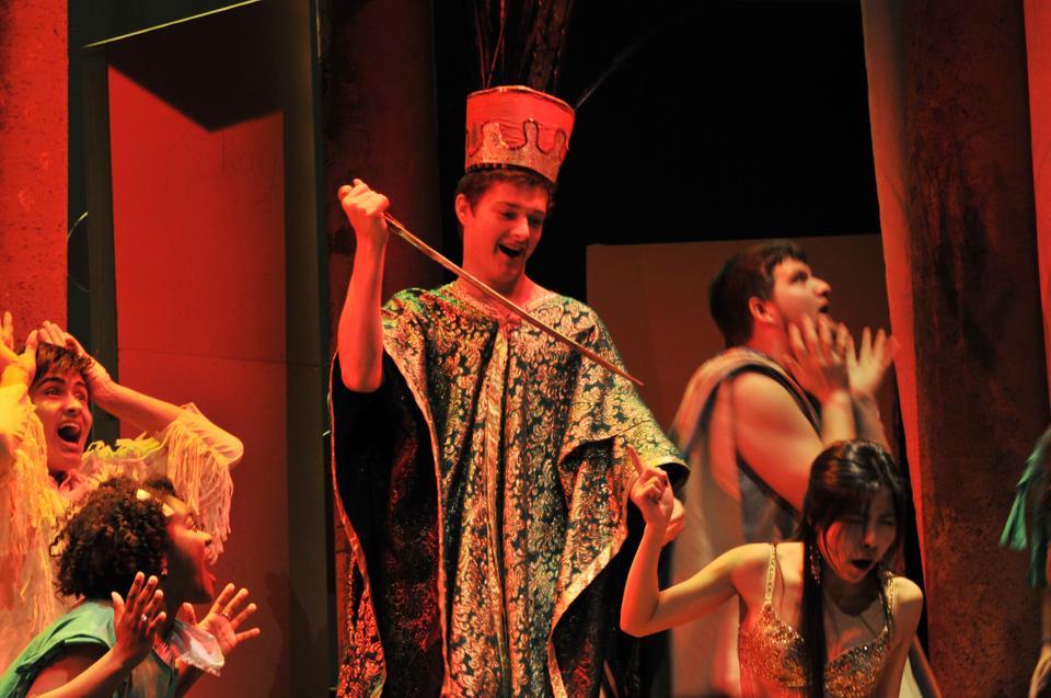 James E. Yoder Jr. '15 performs the role of the Llama Lord. He prepares to sacrifice the character Princess Shanara. She is played by Selina Y. Wang '15. 