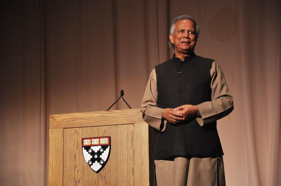 Muhammad Yunus, Nobel Peace Prize laureate and founder of Grameen Bank speaking at the Harvard Business School's Burden Auditorium about his efforts to build and expand social enterprises and healthcare initiatives in Bangladesh.