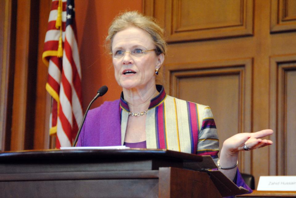 Robin Raphel, coordinator for non-military assistance to Pakistan with the rank of ambassador, speaks to an audience in Austin Hall on Thursday morning.  Amb. Raphel was a keynote speaker at the Pakistan Conference at Harvard.