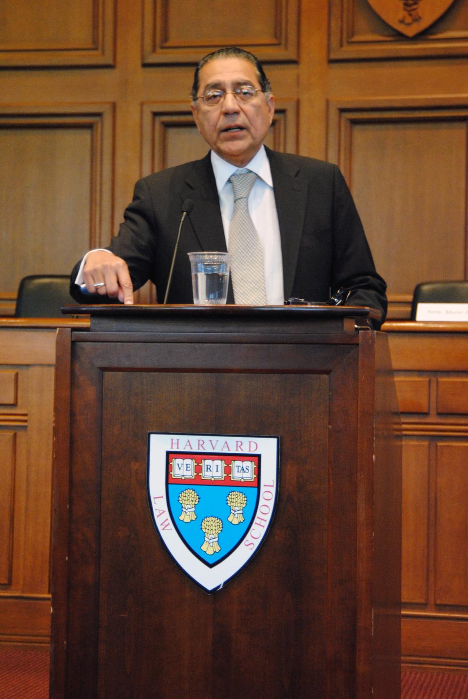 Munir Akram, former Pakistan Ambassador to the United Nations, speaks to an audience in Austin Hall on Thursday morning.  Amb. Akram was a keynote speaker at the Pakistan Conference at Harvard.
