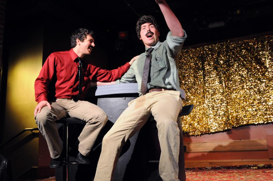 In Thursday night's performance of Highway 91, Jordan Colman '15, left, and John Holland-McCowan '15 share a laugh playing Mario and Luigi, respectively.  Written by Kristi Bradford '12, Highway 91 is the first student production to be performed in the Cambridge Queen's Head Pub. 