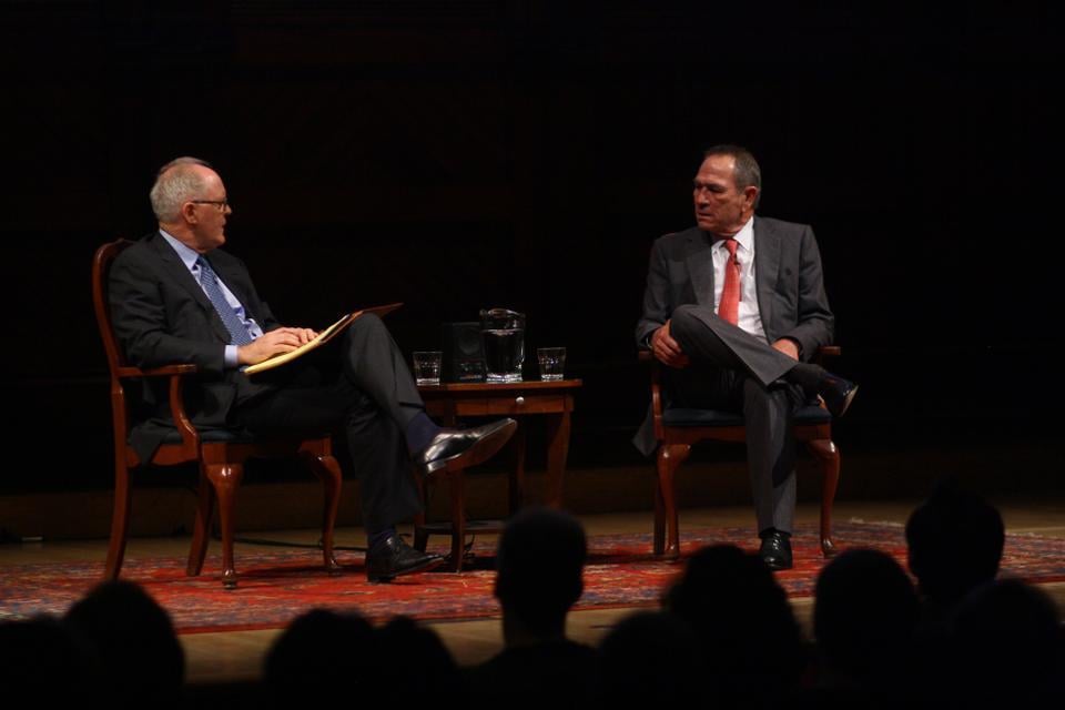 Tommy Lee Jones, '69, is honored with a Harvard Arts Medal and as part of the ceremony, engages in conversation with a fellow graduate, John Lithgow, '67. The two talked about everything ranging from Jone's passion for sport polo to raising cattle.
