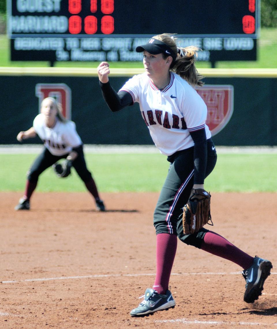Senior pitcher Rachel Brown, shown during the Harvard softball team’s 4-2 loss to Dartmouth on Saturday, threw a one-hitter against the Big Green on Sunday, leading the Crimson to a 4-0 victory.