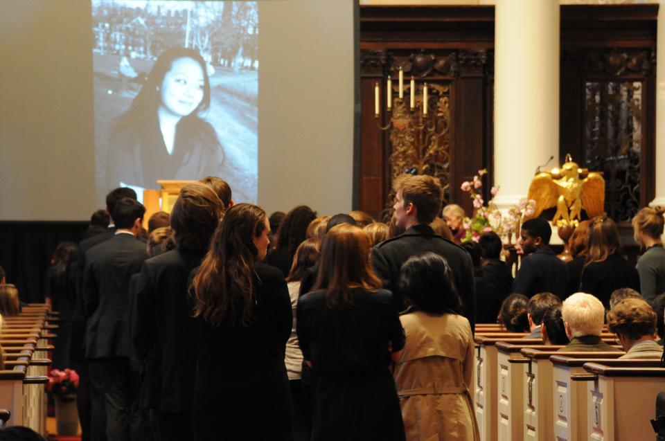 As members of the Nichiren Buddhist Community chant the Nam Myoho Renge Kyo sutra, friends line up to participate in the offering of roses and incense at the service of remembrance and thanksgiving for the life of Wendy Chang '12 in Memorial Church. The Crimson Key Society and S.G.I. showed their appreciation for their beloved former member and friends shared their reflections on her unforgettable laughter and dynamic personality.