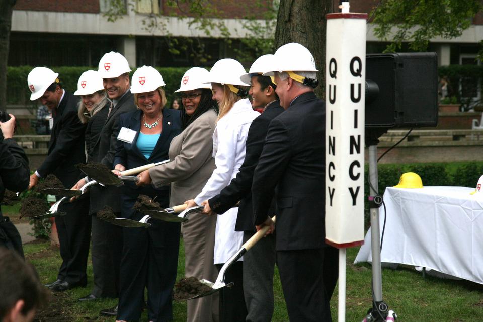 House Masters Lee and Deborah Gehrke, Deans Evelyn M. Hammonds and Michael D. Smith, students, and alumni gathered in Quincy courtyard to celebrate the groundbreaking at Old Quincy, initiating the 2012-2013 renovations.