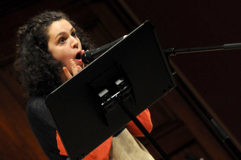 Elizabeth Bloom '12 beatboxes for an audience of several hundred students in Sanders Theatre on Wednesday evening.