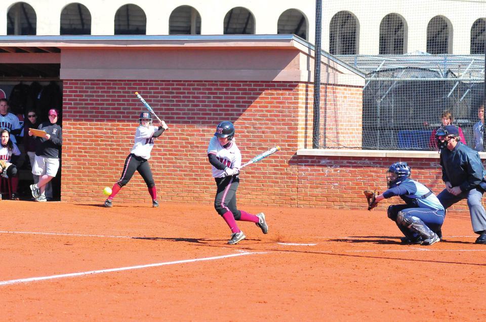 Junior right fielder Ashley Heritage, pictured above in a previous contest, scored the winning run in the Harvard softball team’s 3-2 extra-inning victory over Maryland on sophomore Kasey Lange’s RBI double to left center. Saturday’s victory was the Crimson’s first in the NCAA tournament since 1998.