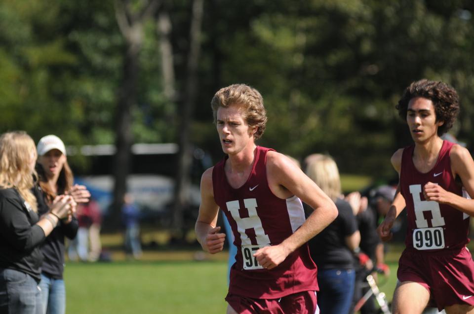 Sophomore James Leakos, left, and the Crimson track and field team had a number of impressive individual performances but were not able to put it together as a team to break through and win an Ivy title.