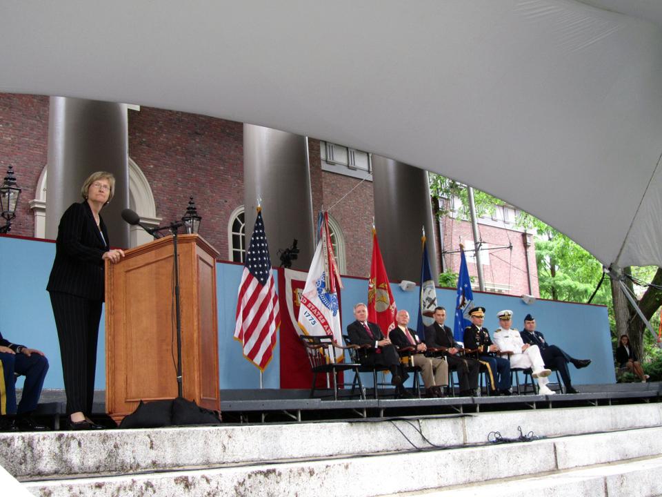 Harvard president Drew Faust addresses a crowd in front of Tercentenary Theater on Wednesday, May 23rd during the ROTC Commissioning Ceremony. 