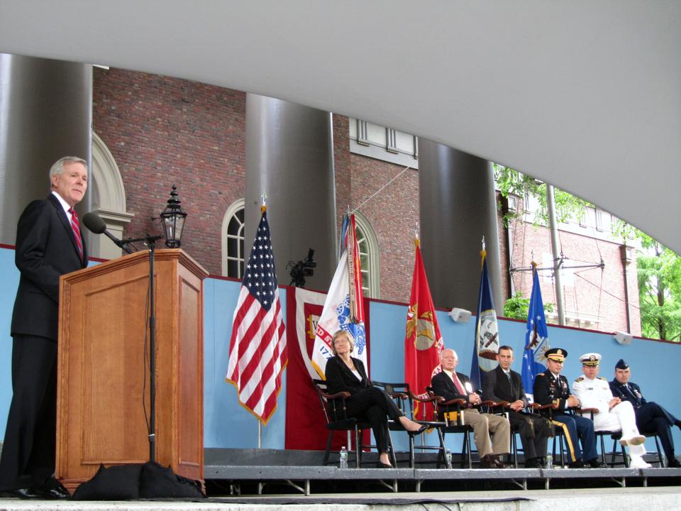 Secretary of the Navy and Harvard Law School alumnus Roy Mabus addresses crowds in front of Tercentenary Theater on Wednesday, May 23rd during the ROTC Commissioning Ceremony. Four Harvard members of the class of 2012 received commissions in various branches of the armed forces. 