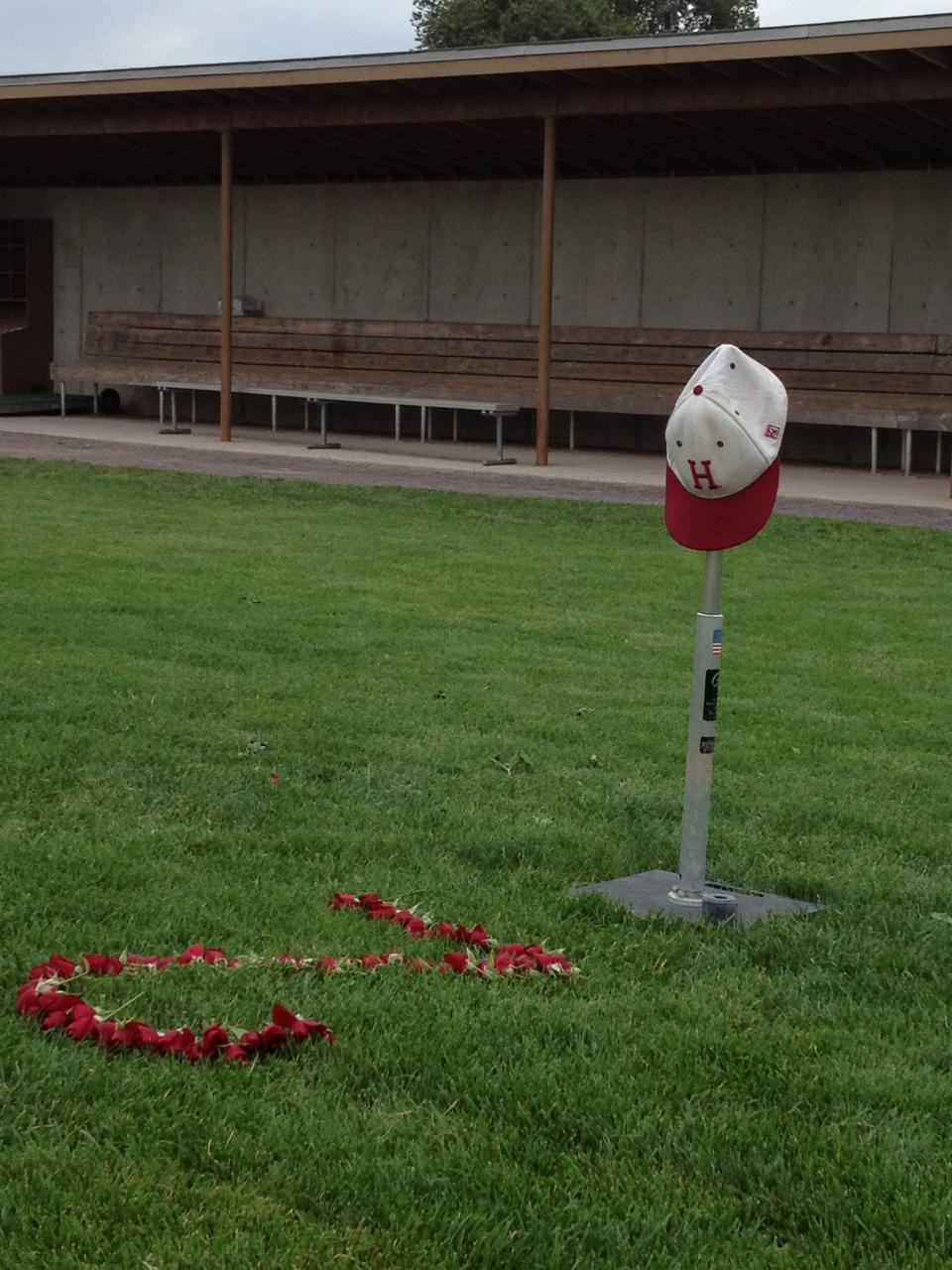 Rose pedals in the shape of Walsh's number two are laid out on the Harvard baseball field.