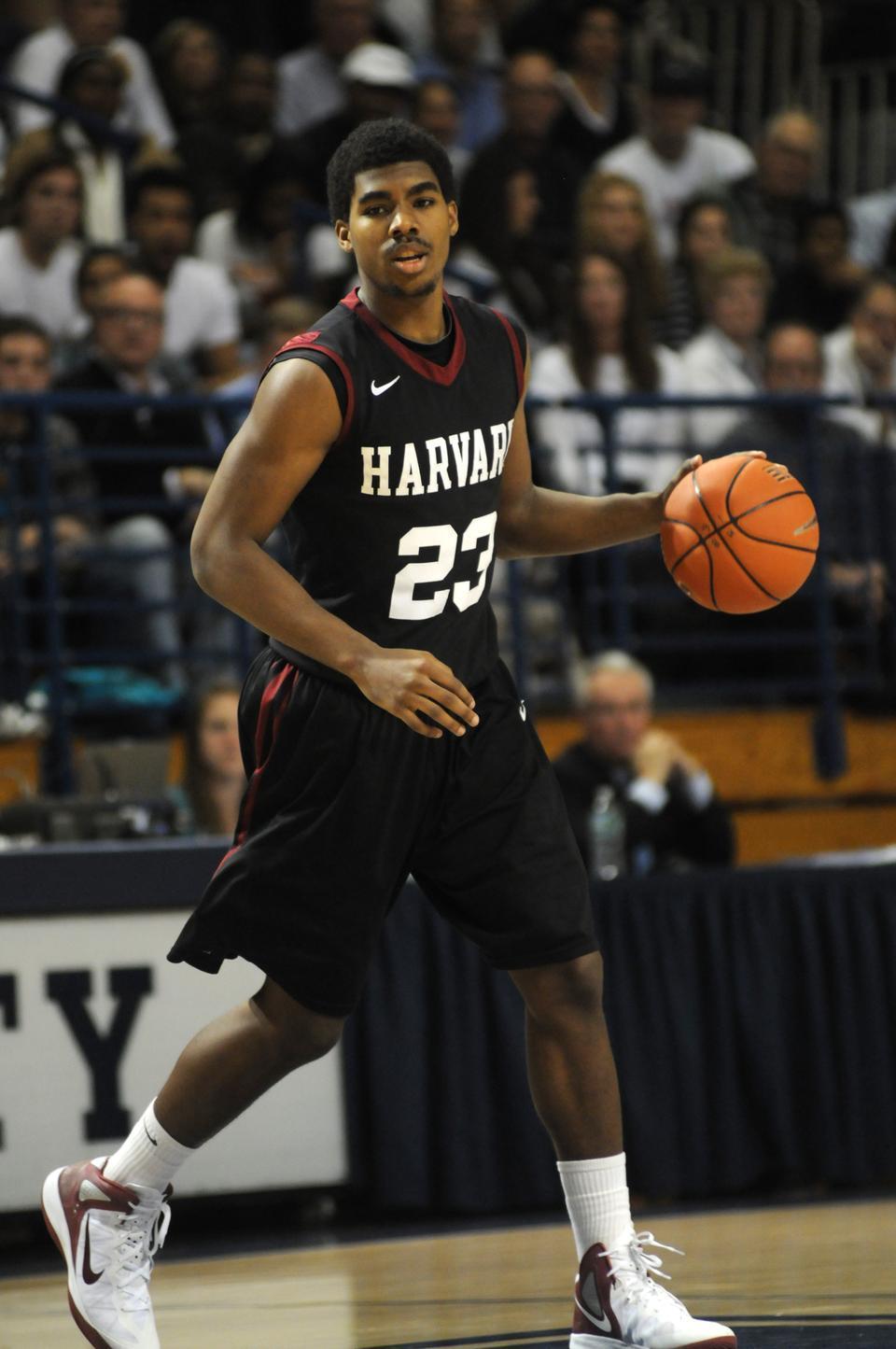 Shown here in earlier action, sophomore wing Wes Saunders scored a team-high 16.5 points per game in the Harvard men's basketball team’s four contests in Italy. 