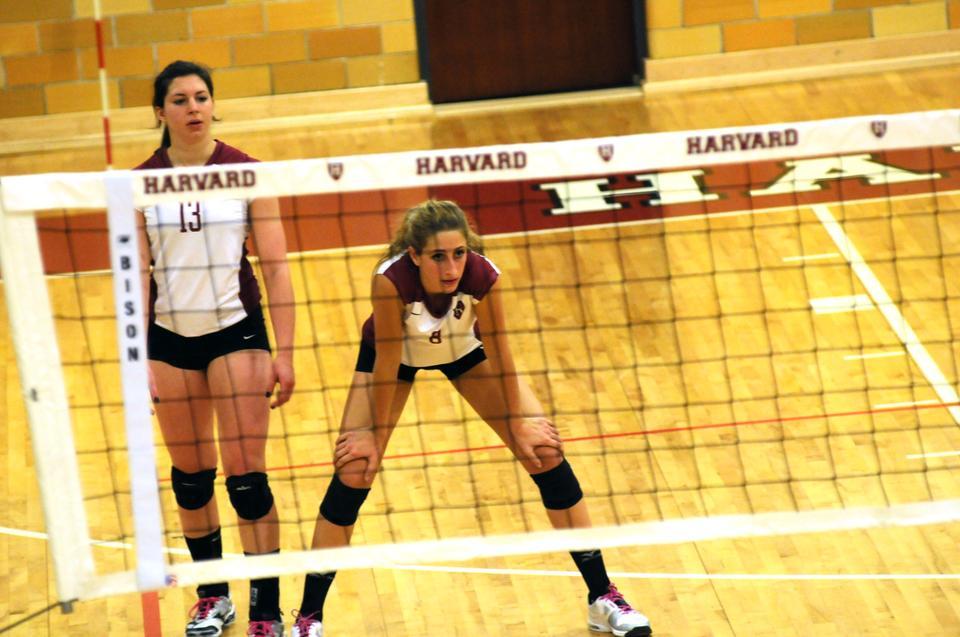 14 kills from captain Taylor Docter (right) and 26 assists from senior Beth Kinsella, both shown here in earlier action, were not enough in the Harvard women’s volleyball team's 3-2 season-opening loss to Middle Tennessee State on Friday.