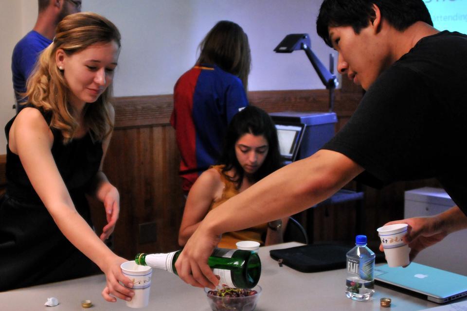 Harvard Wine Society has their introductory meeting on Saturday, September 8th in Sever Hall. Nataliya Nedzhvetskaya '13 and Bran S. Shim '14 celebrate the start of the new semester with a taste of apple cider. 
