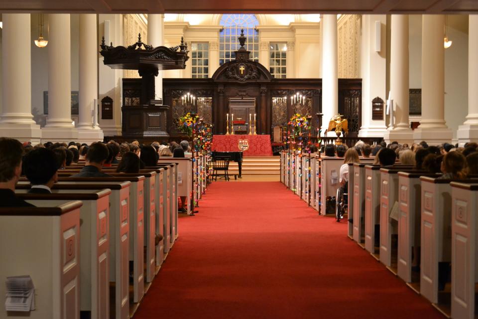 Groups of people gathered at Memorial Church last night to celebrate the life of Cote K. Laramie '14. The church was decorated with colorful paper cranes, part of an initiative of Pforzheimer House to make 1000 paper cranes in memory of Laramie.