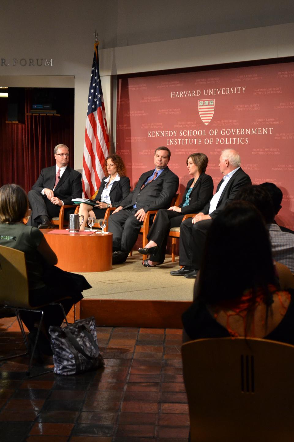 Jennie Bowser, John Fund, Tova Wang, and Alex Keyssar discuss the future of voter identification laws in a panel moderated by Trey Grayson (far left), director of the Institute of Politics. The panel, titled "Protecting the Vote" was held Thursday evening in the John F. Kennedy Jr. Forum.