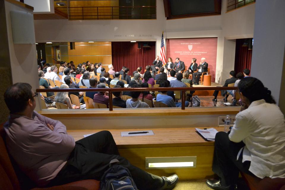 Jennie Bowser, John Fund, Tova Wang, and Alex Keyssar discuss the future of voter identification laws in a panel moderated by Trey Grayson (far left), director of the Institute of Politics. The panel, titled "Protecting the Vote" was held Thursday evening in the John F. Kennedy Jr. Forum.