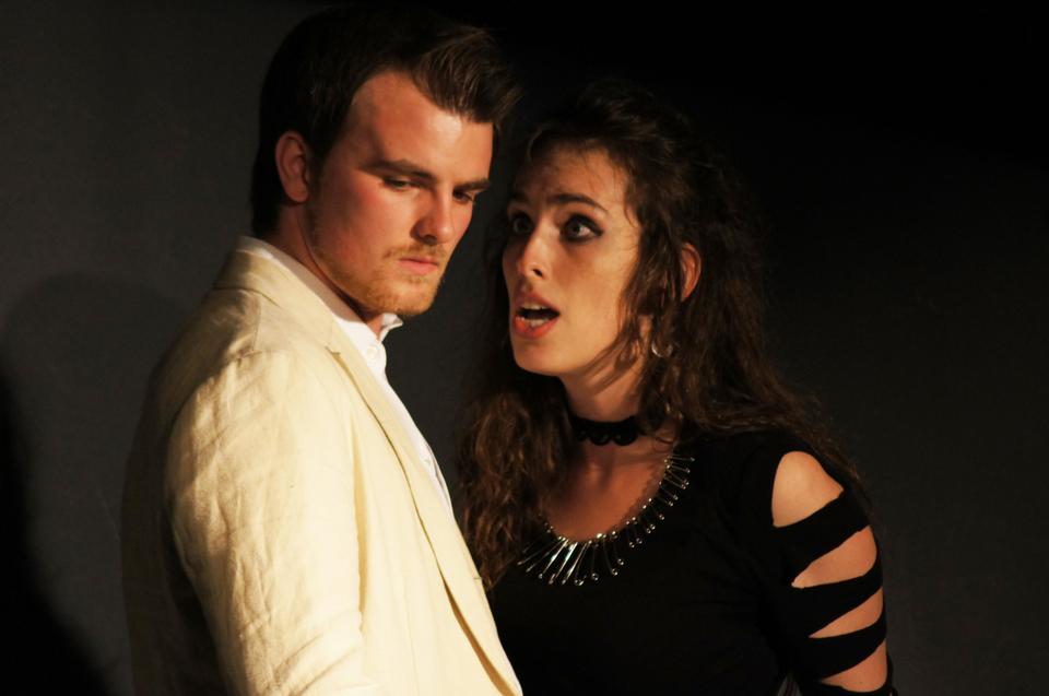 Emperor Saturninus, played by Caleb J. Thompson '14, and Queen of the Goths Tamora, played by Sara S. Lytle '13, converse closely about their upcoming nupitals.      
