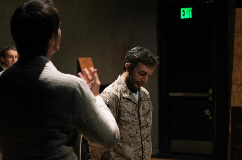 The celebrated Roman general Titus Andronicus, played by Joshua O. Wilson '13, listens to Saturninus' plea to crown him the new emperor.