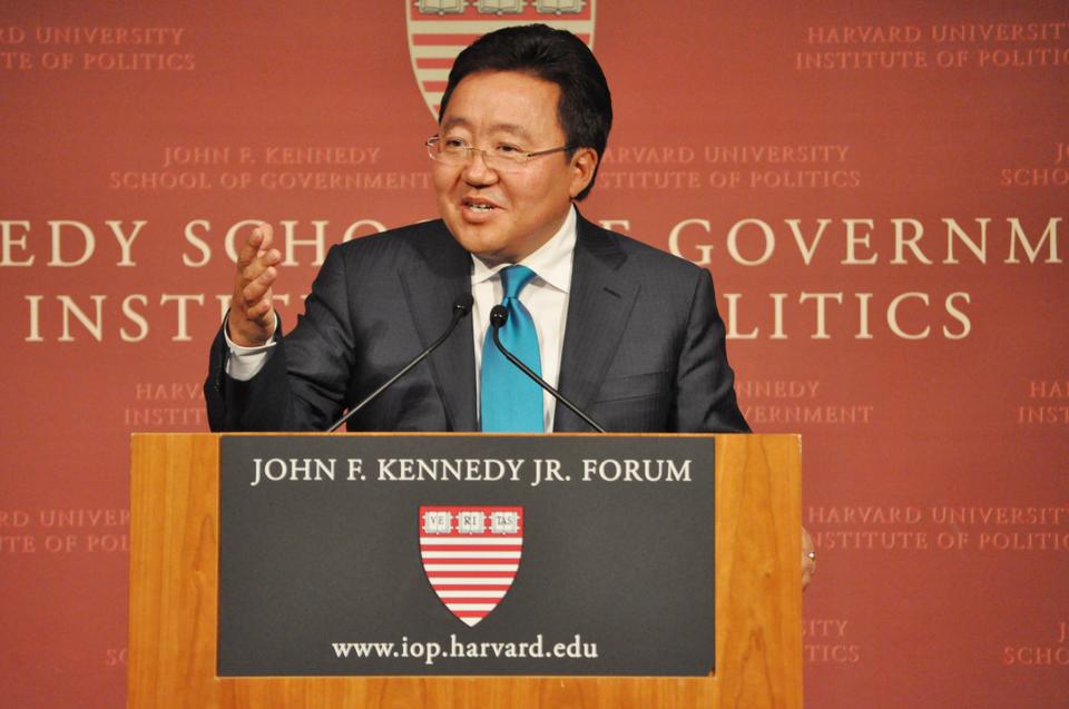 His excellency Tsakhiagiin Elbegdorg, President of Mongolia and HKS '02, makes a public address about Mongolia's peaceful transition into capitalism and Democracy at the John F. Kennedy Jr. Forum on Friday, September 21.