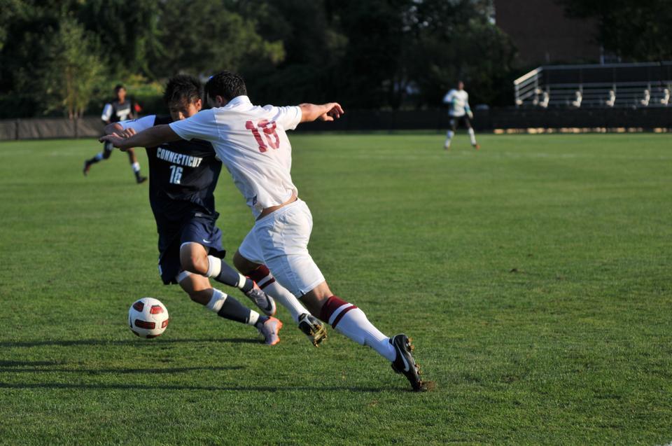 Senior forward Zack Wolfenzon, shown above in earlier action, was the lone member of the Harvard men’s soccer team to find the back of the net in the Crimson’s weekend losses to California Poly and UC Santa Barbara. Harvard fell to Cal Poly on Friday, 2-1, and to UCSB on Sunday, 1-0.  
