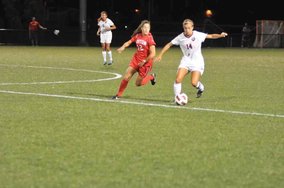 Junior co-captain Peyton Johnson, shown above in previous action, tallied the Harvard women’s soccer team’s lone shot on goal in its 1-0 loss at Penn on Friday night. The Quakers sealed the win off a Kaitlyn Moore header that came with just seconds remaining in the contest.