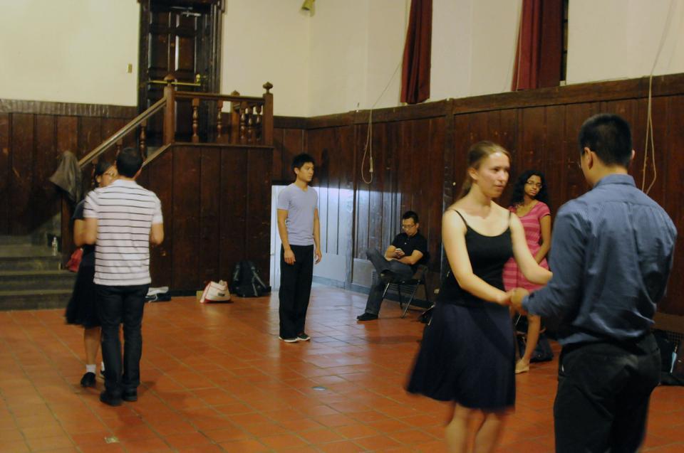 Students gather Tuesday night in Leverett Old Library to participate in beginner’s salsa lessons. The dancers rotated and switched partners after ever couple of songs while learning new moves along the way. 