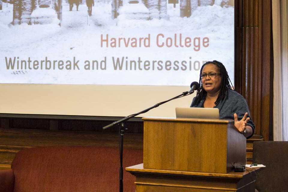 Evelynn M. Hammonds, Dean of Harvard College, addresses students and faculty alike about the importance of Wintersession. Last year, Harvard offered 140 programs for students who spent their winter break on campus.