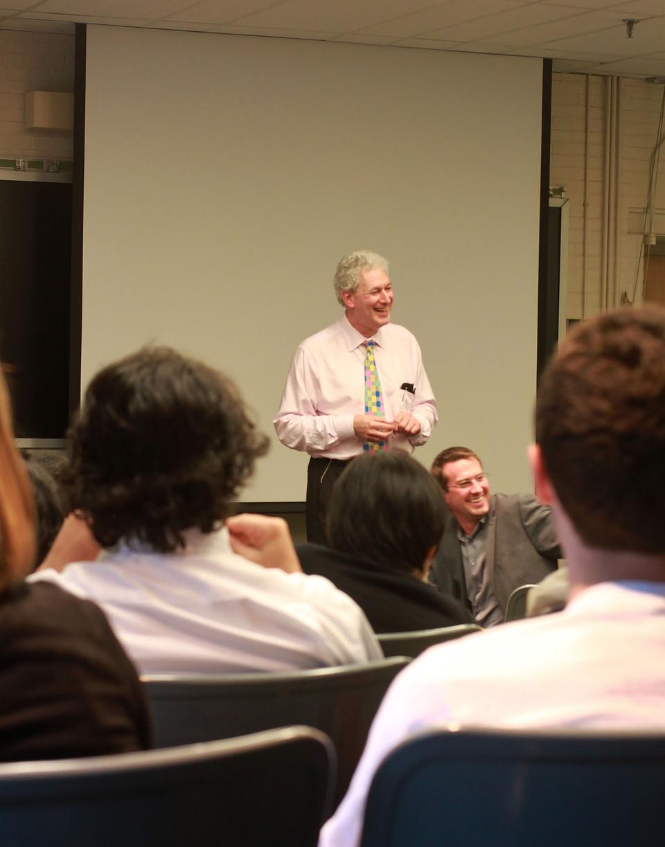 Linguist Michael J. Silverstein laughs during the question and answer portion of his discussion.  Yesterday Silverstein delivered his talk “Discourse and the No-thing-ness of Culture” as part of a lecture series put forth by the Department of Anthropology.