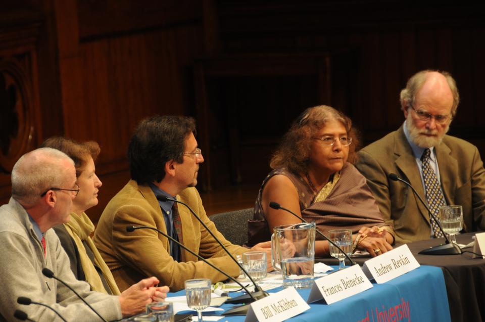 From left to right: Bill McKibben, Frances Beinecke, Andrew Revkin, Sheila Jasanoff, and James McCarthy listen to a question from the audience.