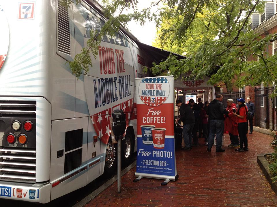 7-Election 2012, a mobile polling truck operated by 7-Eleven convenience stores, offered free coffee and photographs to passersby near Boylston Gate on Sunday, September 30.
