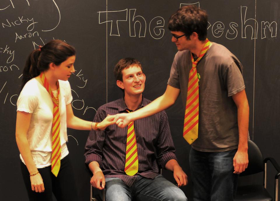 Nicole Hirschhorn ‘16, Jake Silberg ‘15, and Andrew Boyd ‘14, members of the Immediate Gratification Playes (IGP) improvisational comedy troupe, perform a skit in the Freshman Debut Show.
