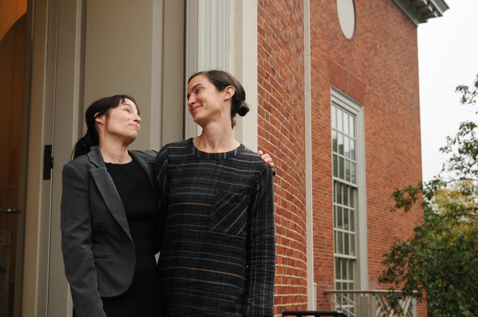 Jen Bervin and Marta Werner pose outside the Houghton Library, home of an extensive Emily Dickinson collection. They hope to open open people's eyes to the novelty of these unusual manuscripts.