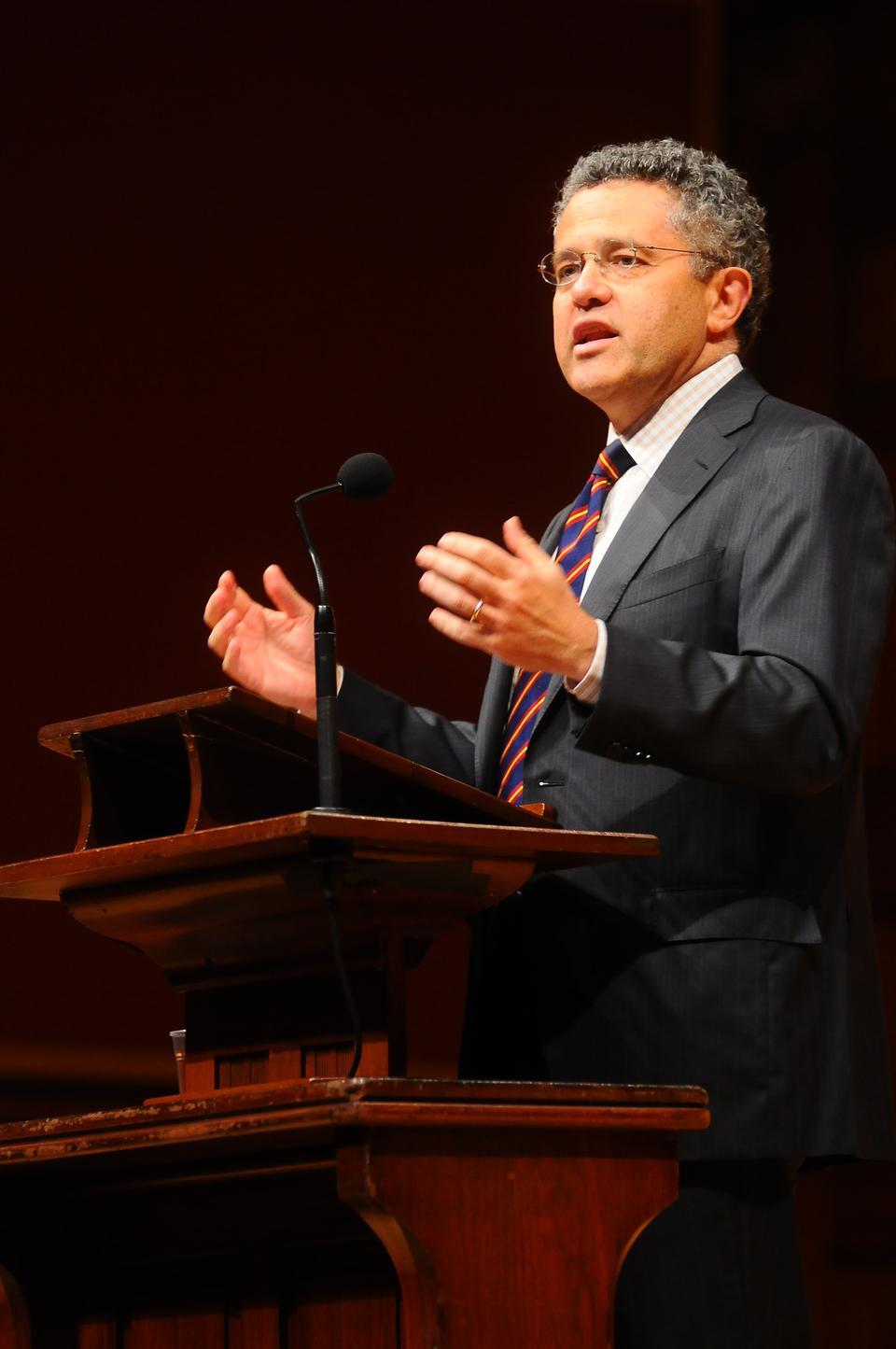Jeffrey Toobin '82 delivers the Robert C. Cobb, Sr. Memorial Lecture, entitled "The Obama White House vs. the Supreme Court" at Sanders Theatre on Thursday. He lectured about the role of the Supreme Court during the recent past, dazzling the crowd with his extensive knowledge and biting humor.
