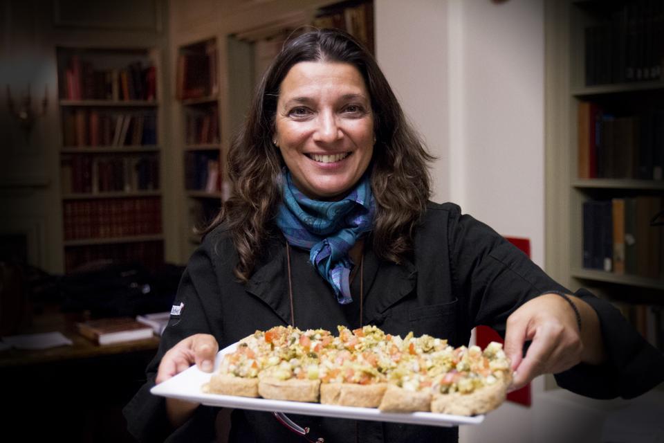 Diane Kochilas presents her final product featuring a variety of Greek traditional food on Thursday. The free event, sponsored by Harvard University Dining Services and the Food Literacy Project, brought a packed crowd to Pforzheimer House's Hastings Room.